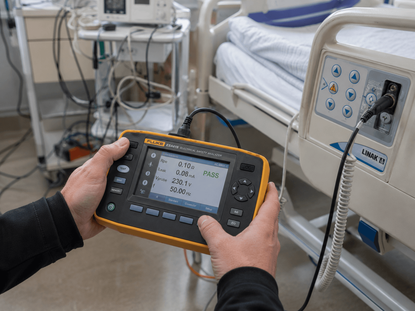 Sicherheitstechnische Prüfung eines Pflegebetts mit einem Fluke ESA615 Electrical Safety Analyzer